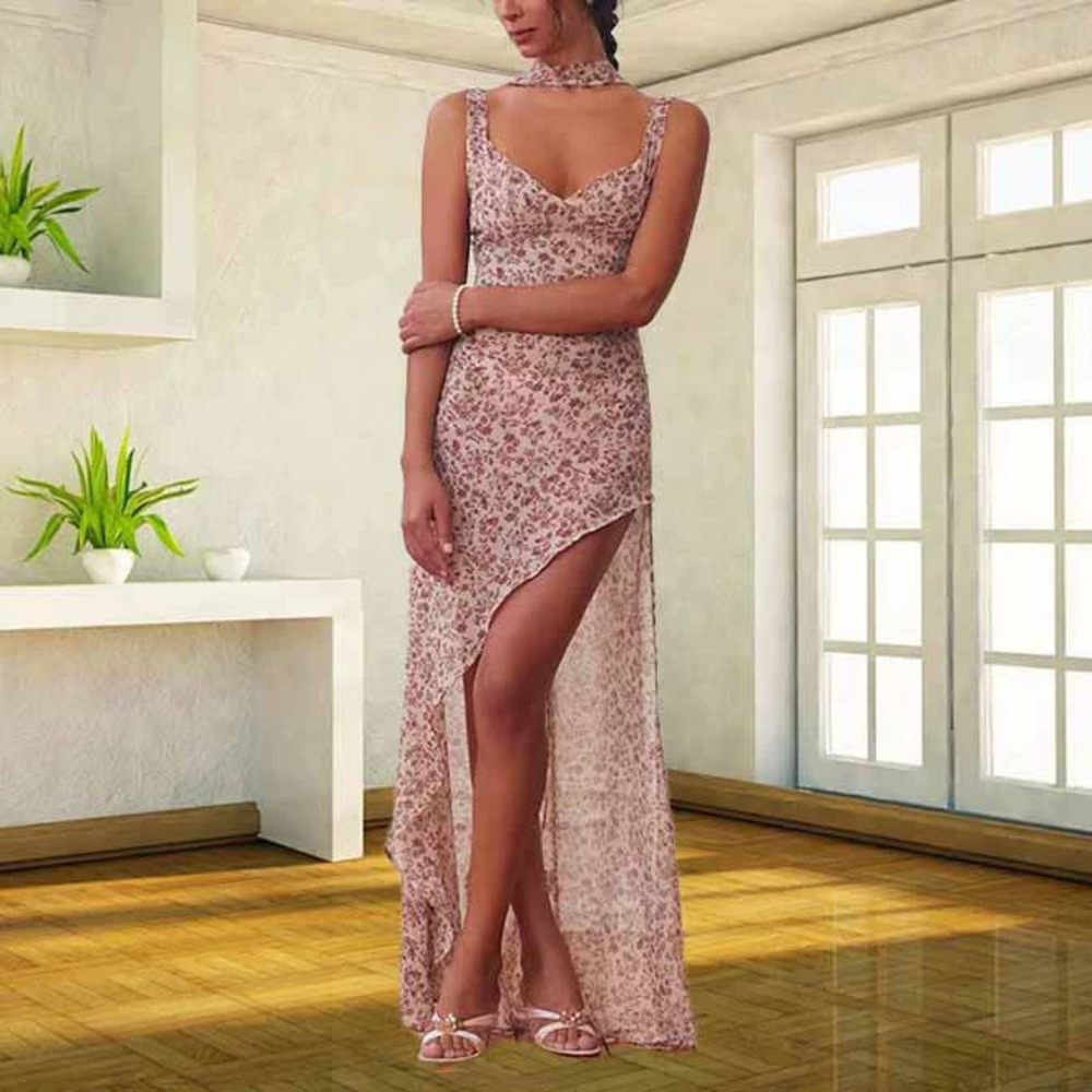 Zara Summer Floral Backless Slit Tie Dress